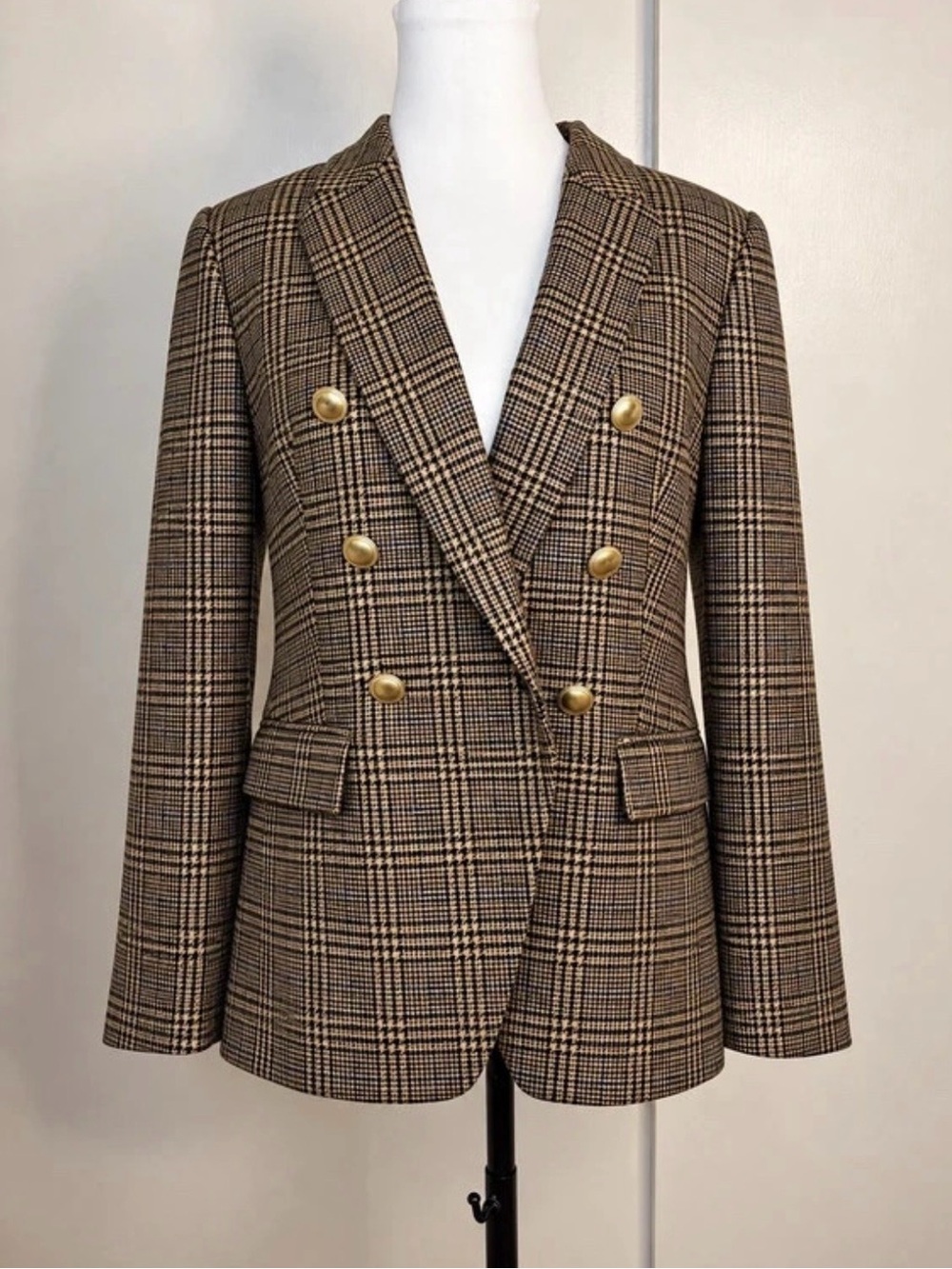 Nine West Brown Plaid Double-Breasted Blazer